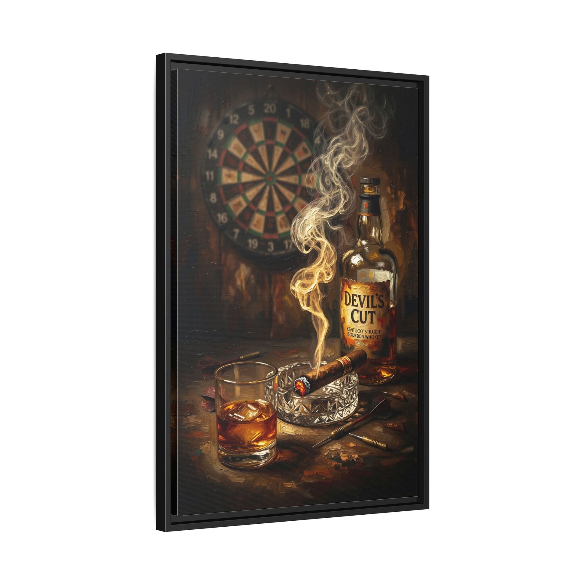 Angled framed canvas wall art with dartboard, bottle, cigar smoke, and black frame