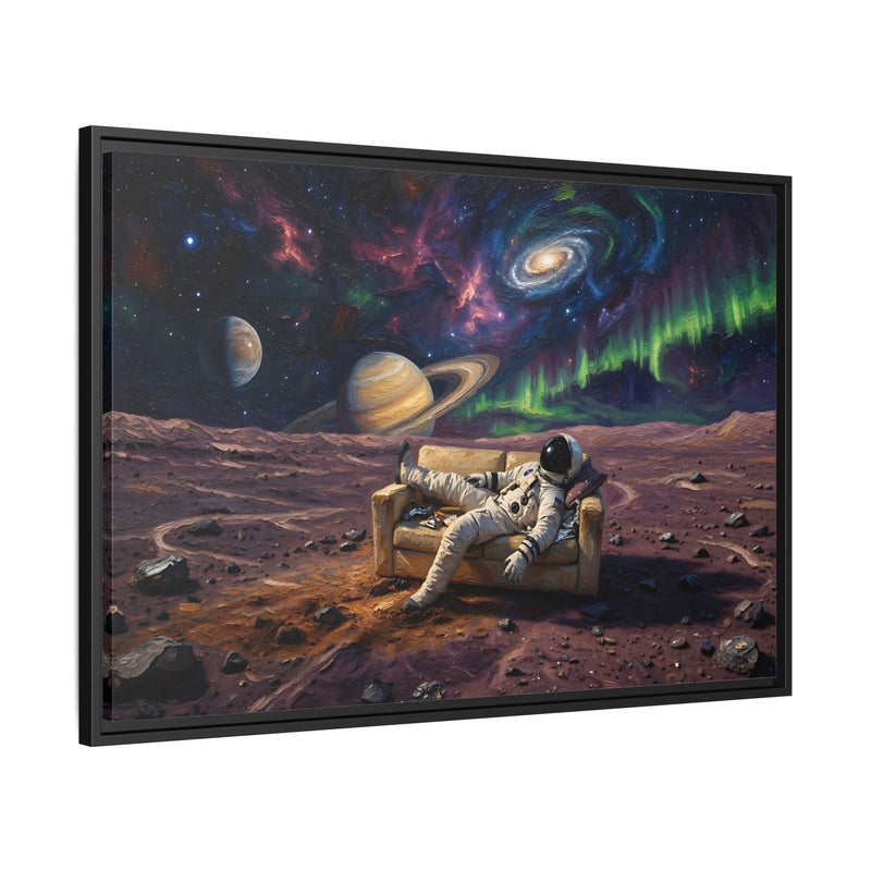 Black framed space canvas, angled view; astronaut on rover under colorful nebula
