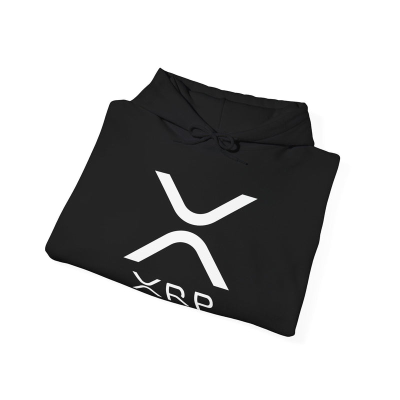 Black pullover hoodie folded, with hood tie and white XRP logo graphic on chest