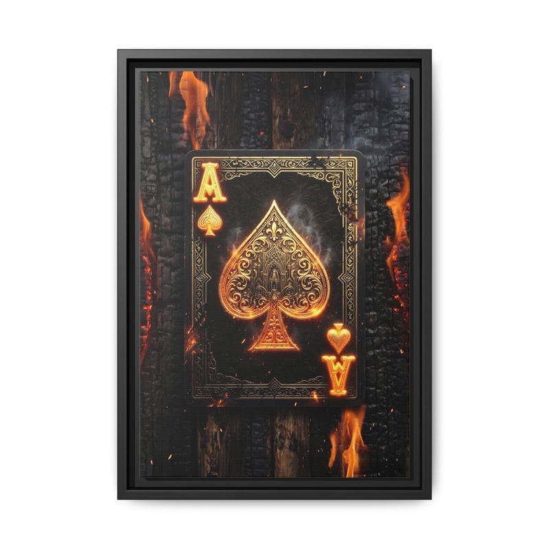 Framed canvas with black frame, gold ace of spades card art and burning flames