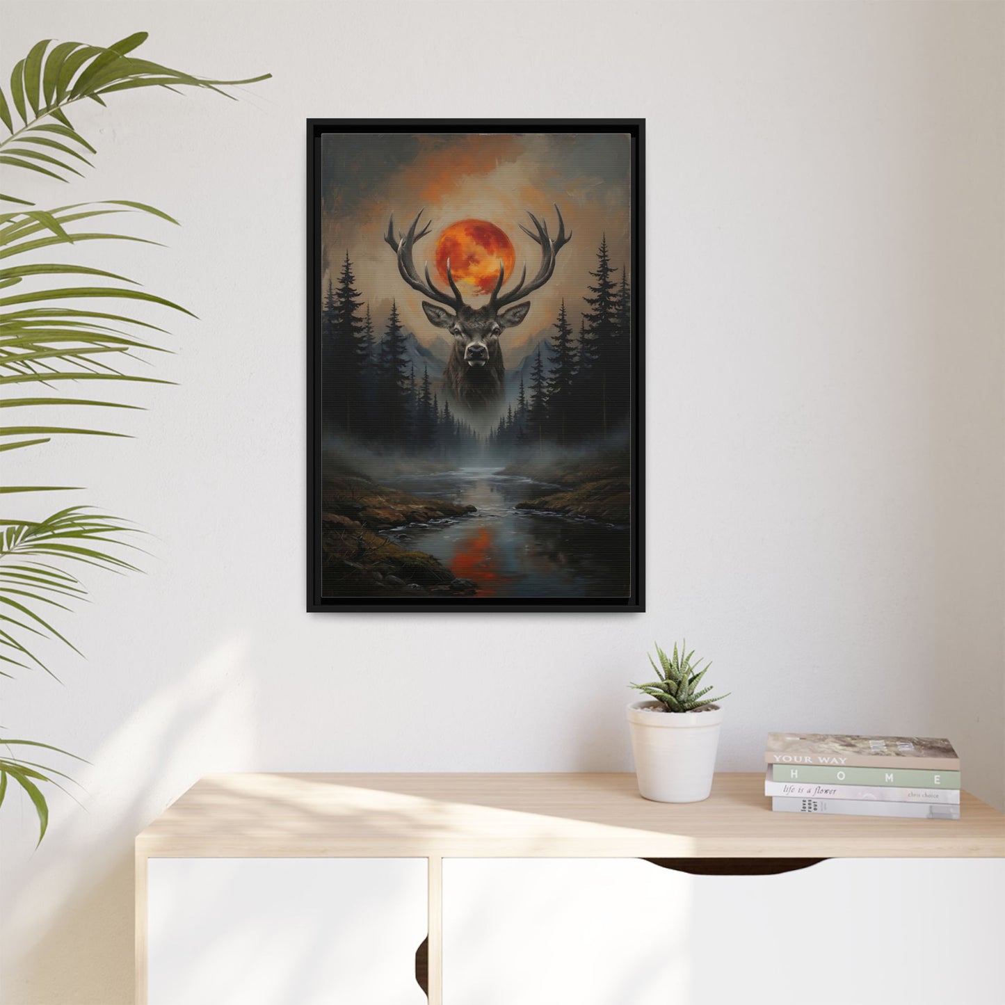 Stag Silhouette with Blood Moon -  Framed Matte Canvas Art
