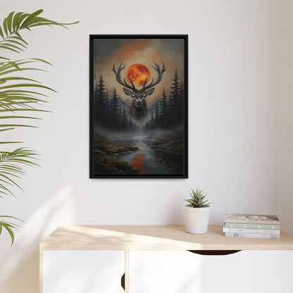 Stag Silhouette with Blood Moon -  Framed Matte Canvas Art