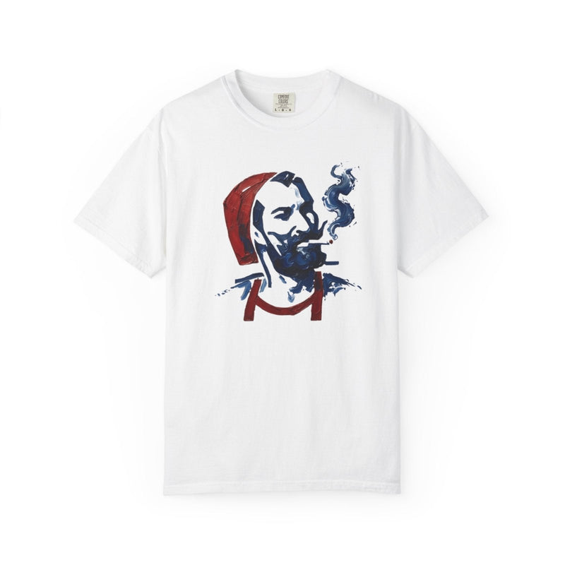White front T-shirt with smoker portrait graphic in red, blue, and dark navy
