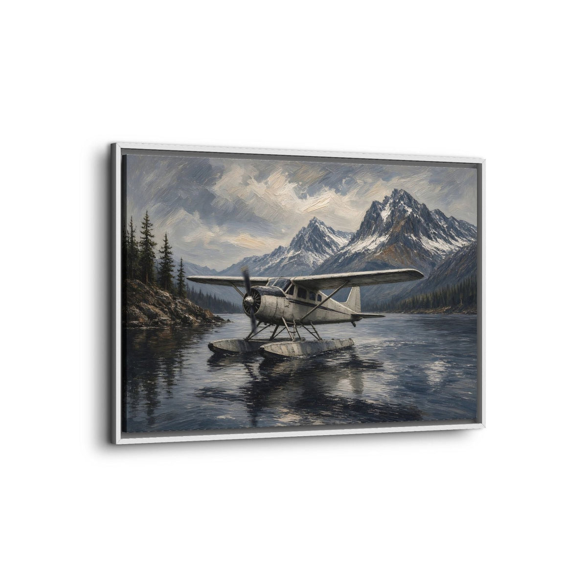 White-framed mountain seaplane canvas print with aircraft on calm water and peaks