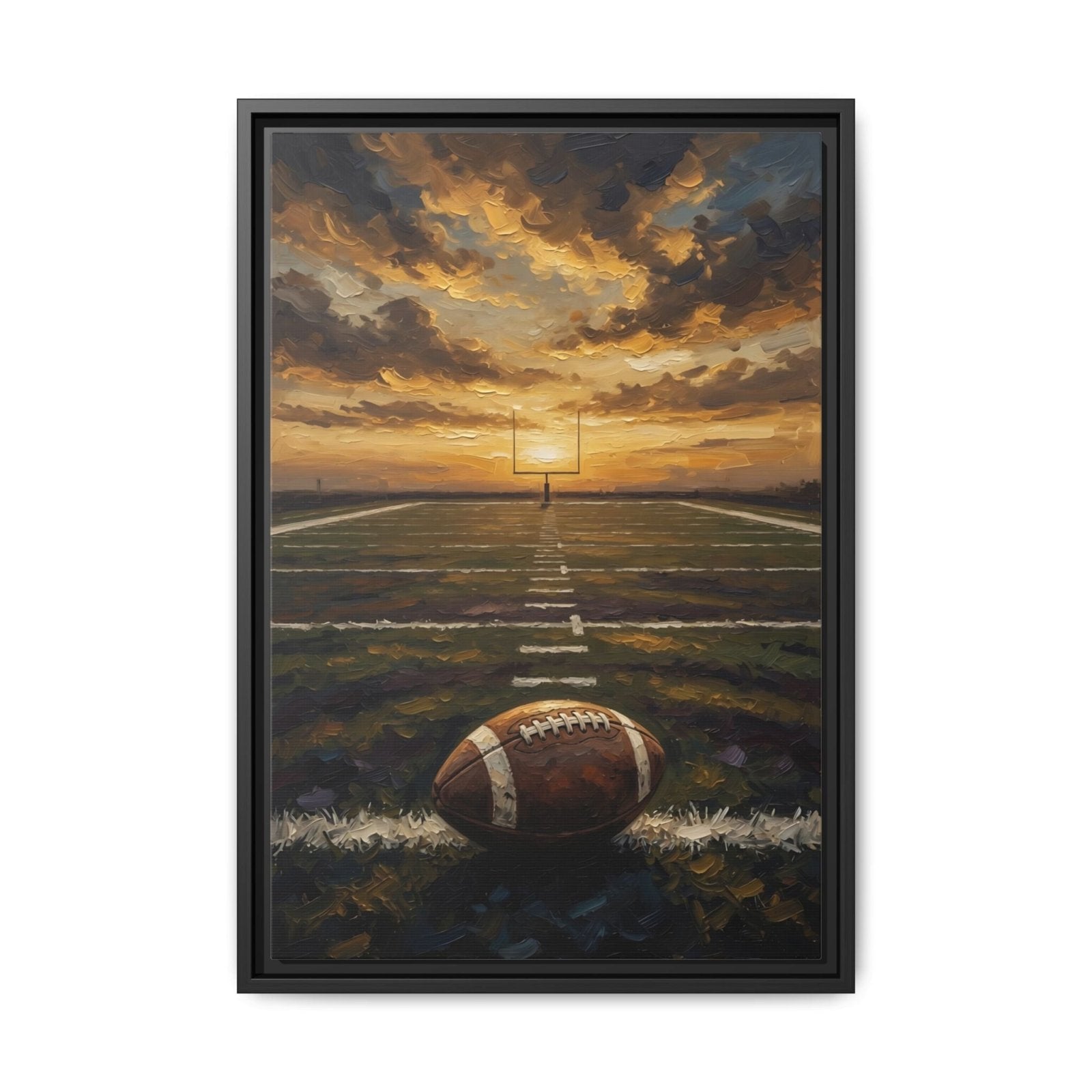 Black framed football field canvas featuring sunset horizon and football centered below