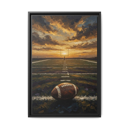 Black framed football field canvas featuring sunset horizon and football centered below