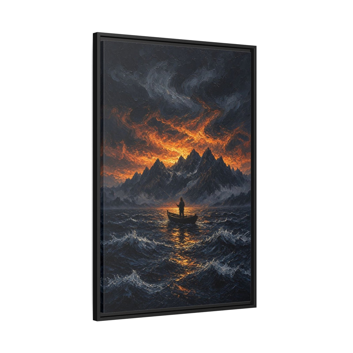 Framed canvas wall art in angled view, dark sea with orange horizon and lone fisherman