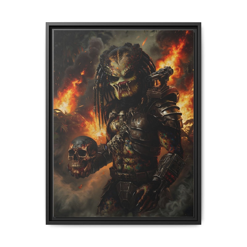 Black framed canvas featuring an armored predator-like figure with flames and skulls.