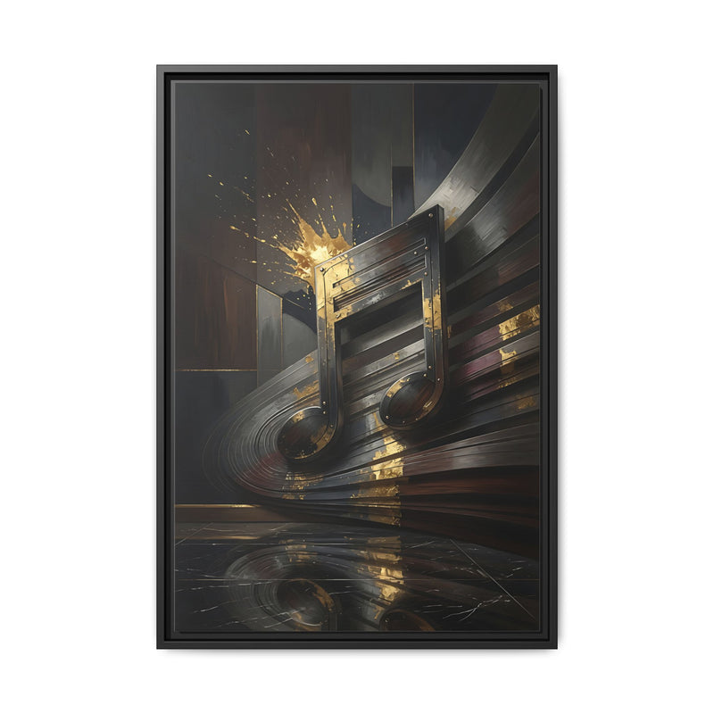 Framed black canvas wall art with abstract golden music note and reflective streaks