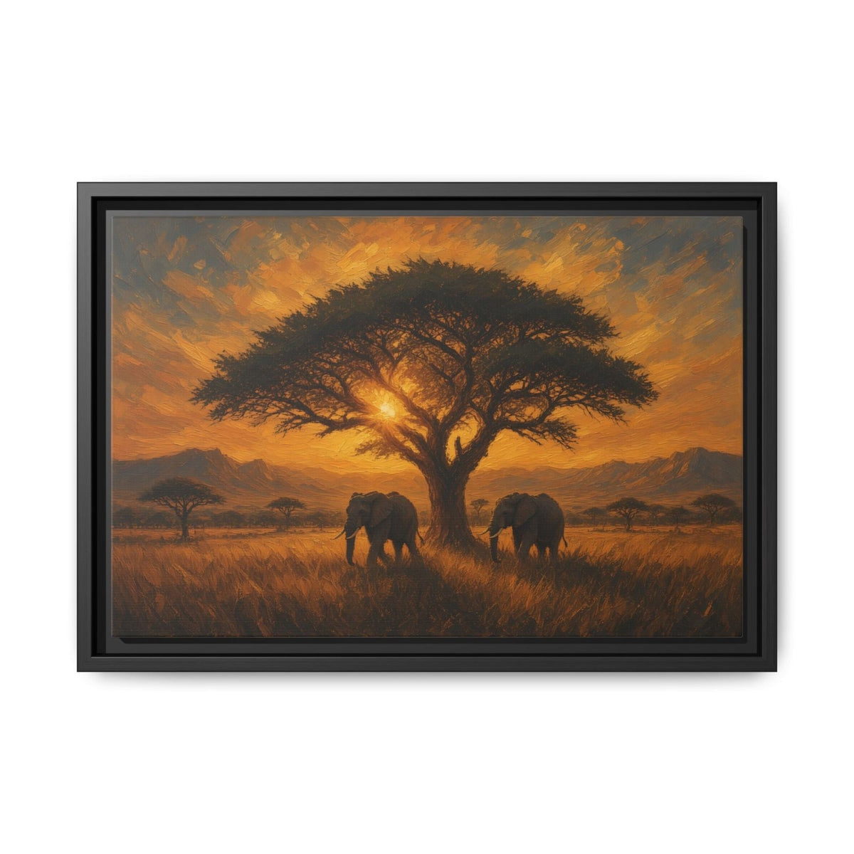 Savanna Giants | Elephant Sunset Framed Canvas