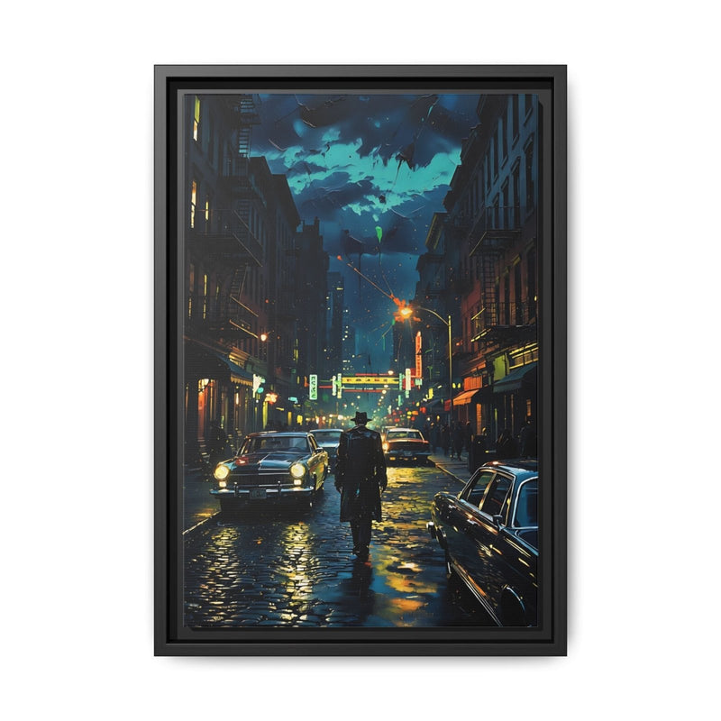 Black-framed canvas print featuring a rainy night street with glowing lights and cars