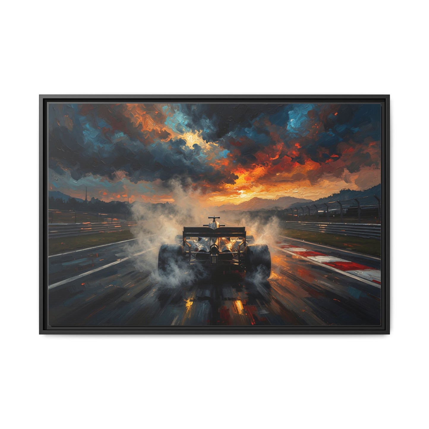 Framed Racing Car Canvas Print — Stormy Sunset Formula 1 Wall Art