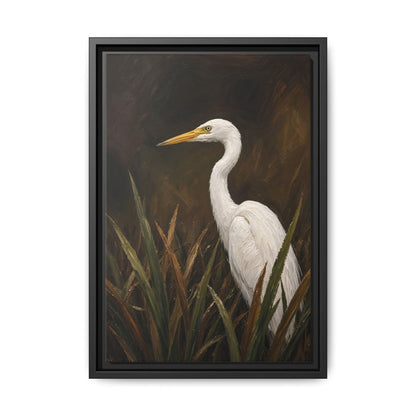 Black-framed egret canvas wall art with a white egret standing among reeds