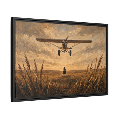 Black-framed canvas wall art showing biplane and cowboy in wheat field