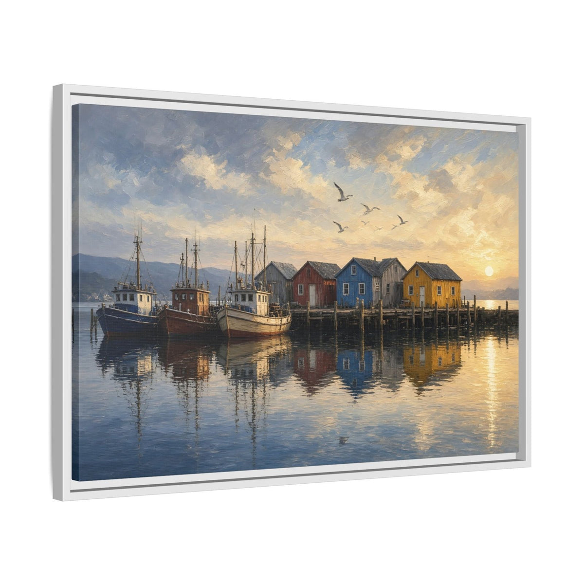 Framed harbor canvas wall art with boats, colorful houses, and birds at sunset