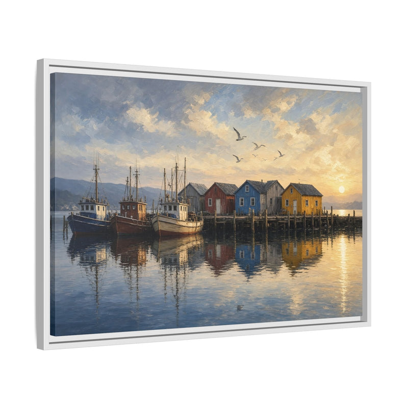 Framed harbor canvas wall art with boats, colorful houses, and birds at sunset