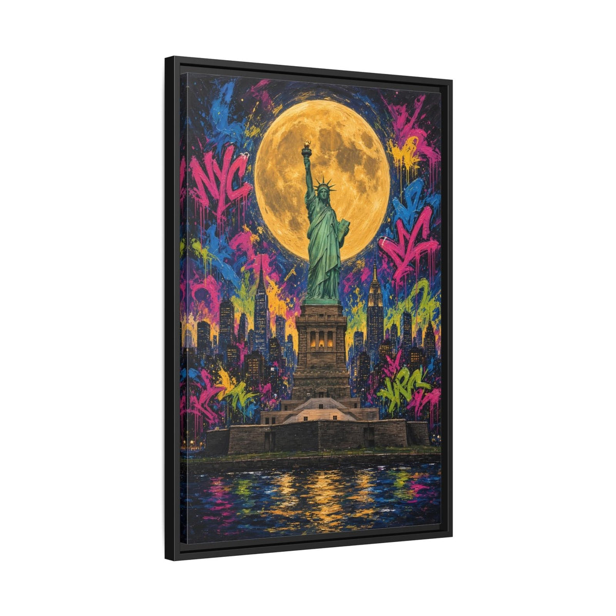 Framed graffiti canvas with black frame and Statue of Liberty under a full moon glow