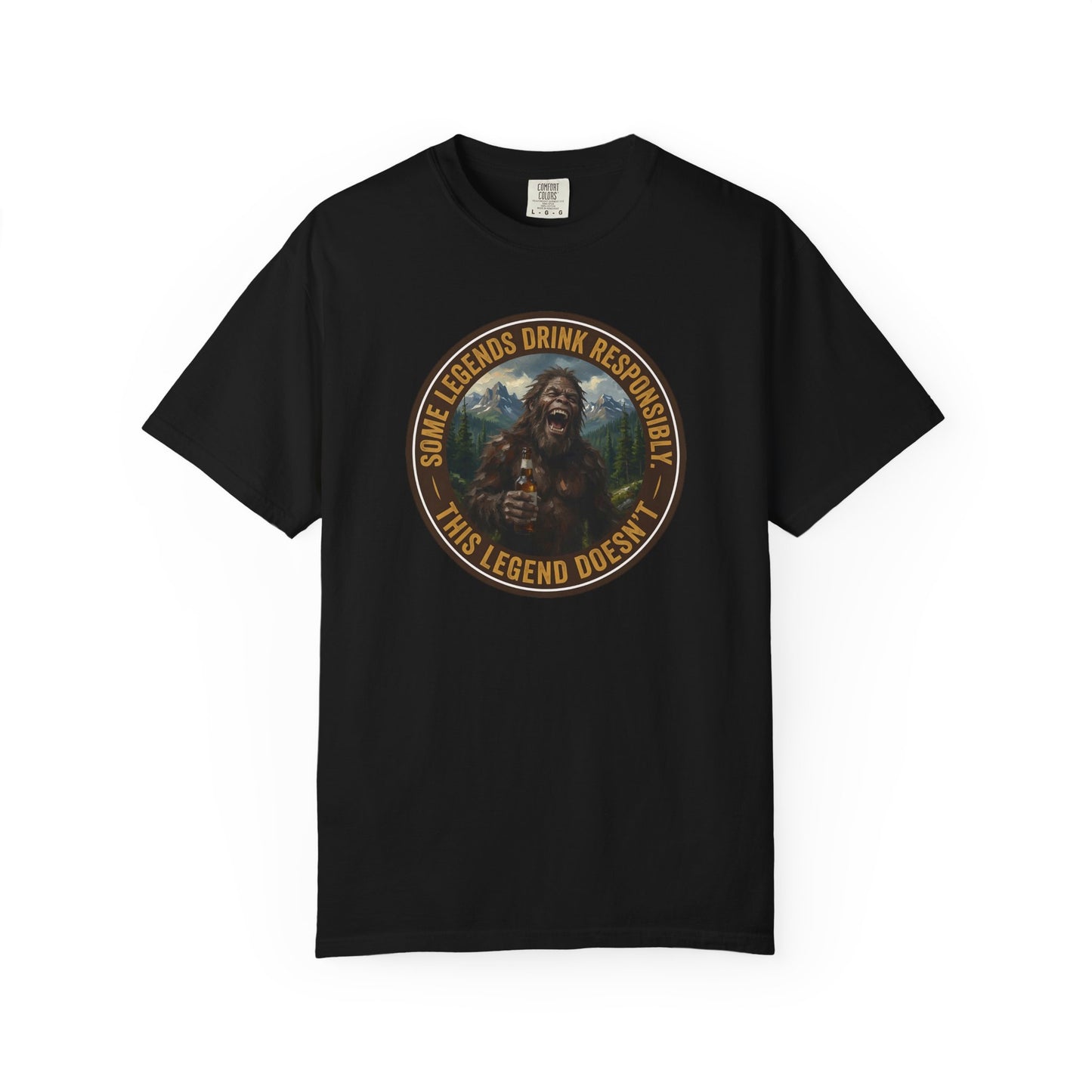 Black graphic t-shirt with circular Sasquatch-themed logo on the front