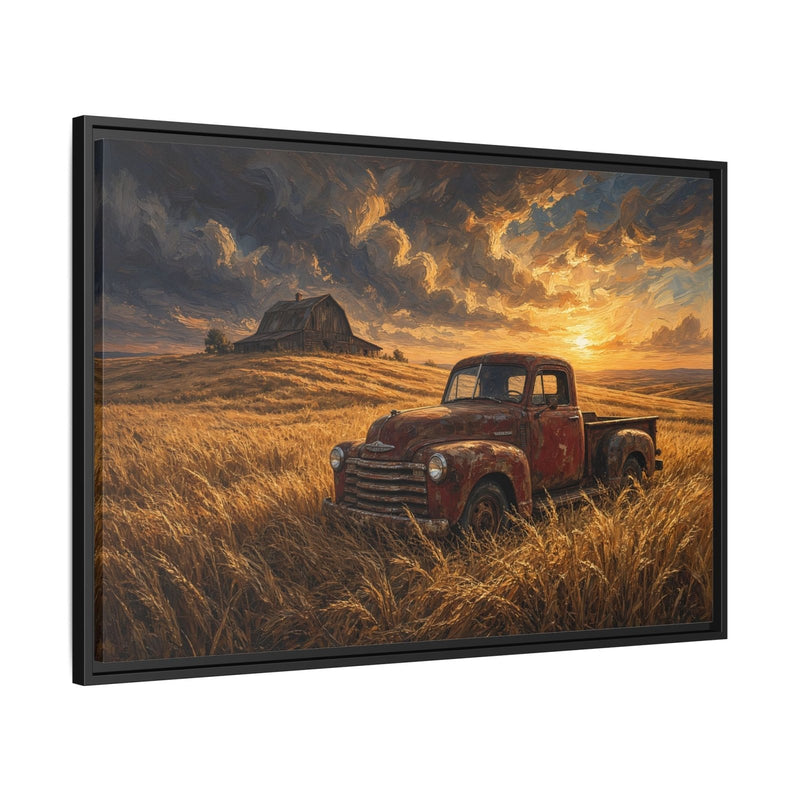 Framed canvas wall art showing a red vintage pickup truck in a golden field at dusk