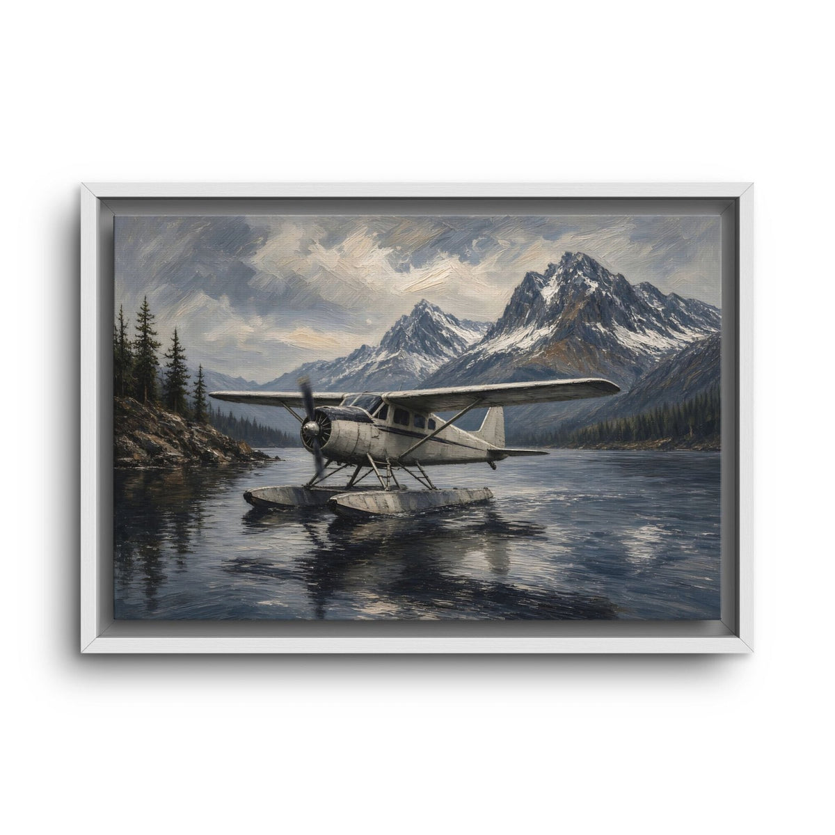 White-framed seaplane canvas print with aircraft resting on water near rugged peaks