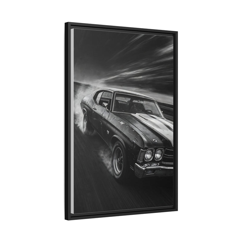 Black-framed canvas print of a classic muscle car in grayscale, angled side view