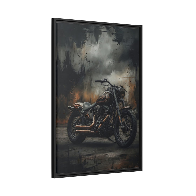 Framed matte canvas wall art with black frame and vintage motorcycle print
