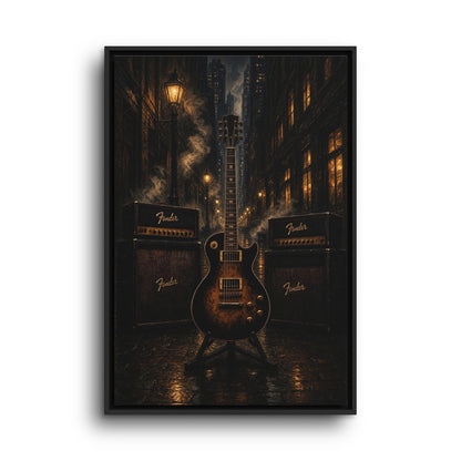 Vertical framed wall canvas showing amber electric guitar between amp stacks