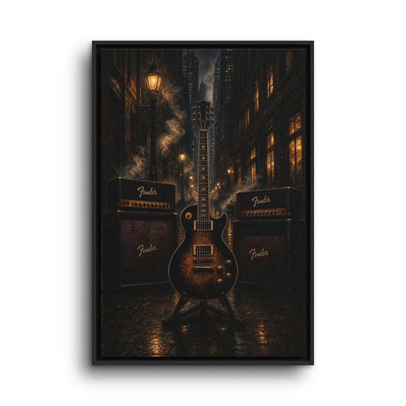Vertical framed wall canvas showing amber electric guitar between amp stacks