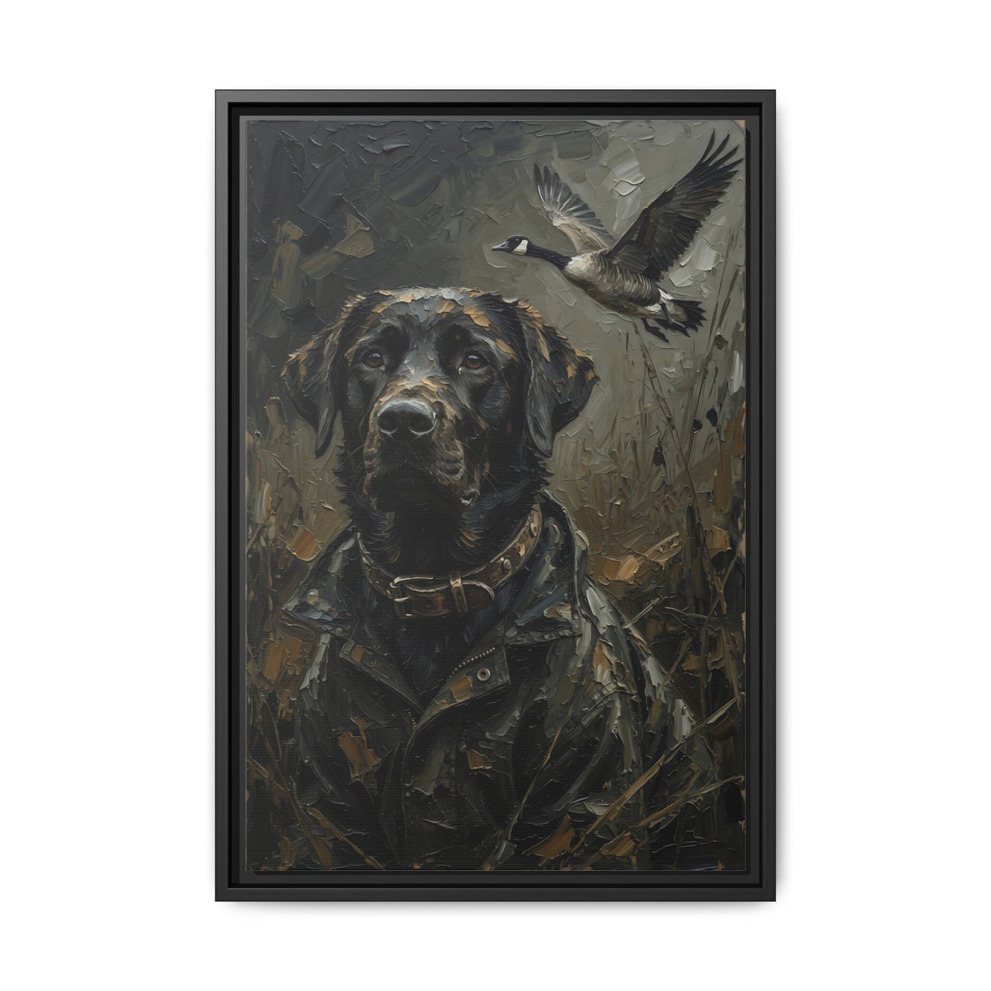 Framed Matte Canvas - Hunter's Companion - Black Labrador & Flying Goose Wildlife Art
