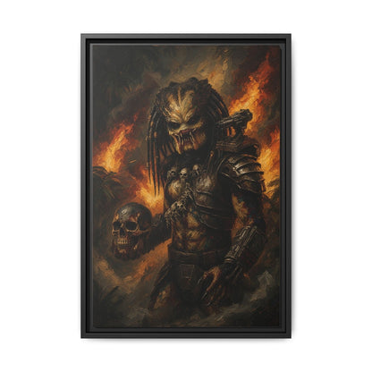 Black framed canvas print with predator warrior, skull, and orange flame detail