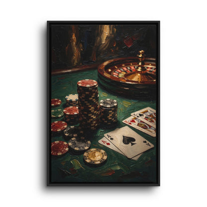 Casino-themed canvas art showing playing cards beside stacked chips and a roulette wheel.