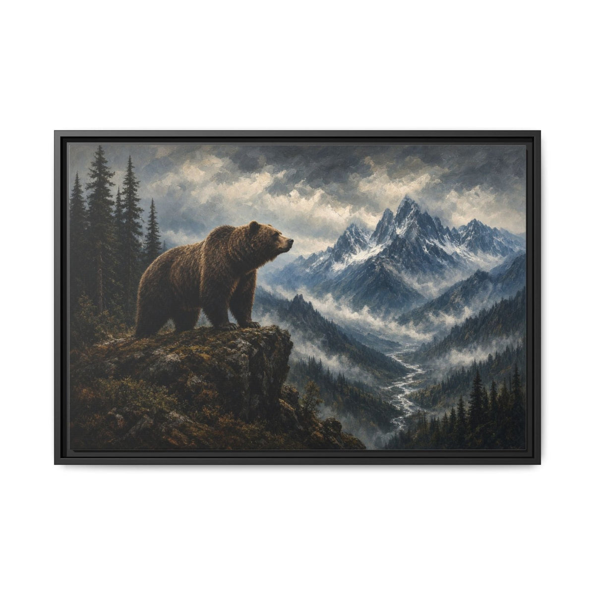 Black-framed bear and mountain landscape canvas wall art, bear facing right
