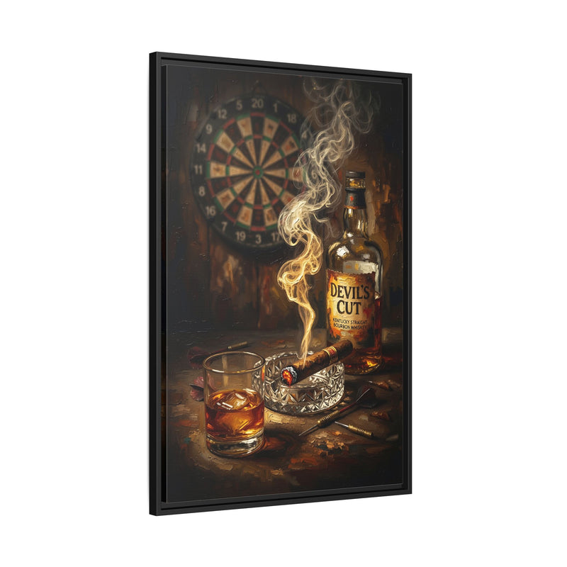 Angled black-framed canvas print with dartboard, bottle, glass, and cigar smoke