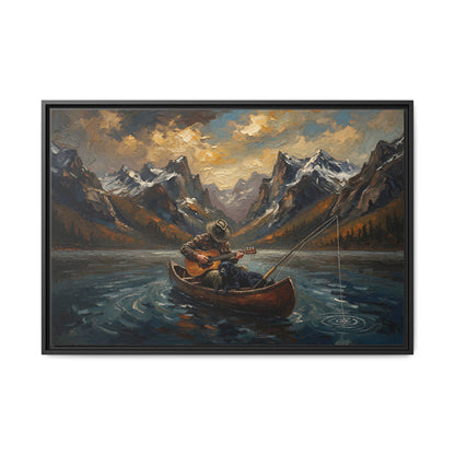 Framed Canvas - Lakeside Serenade - Canoe Guitar & Fishing With Mans Best Friend
