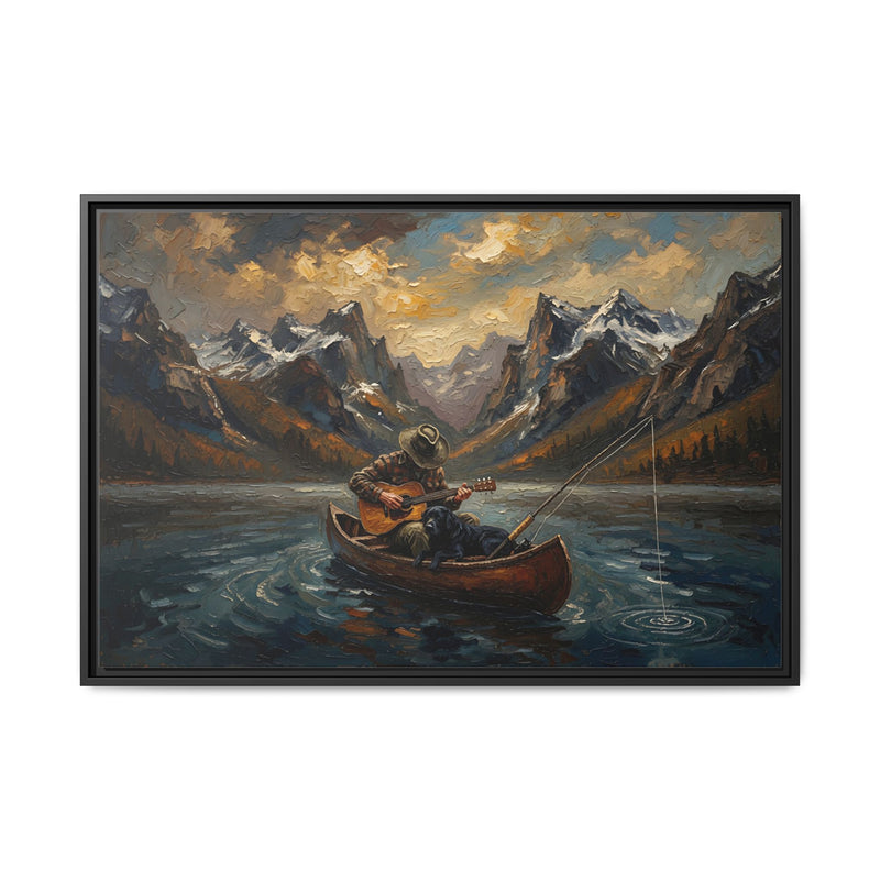 Framed Canvas - Lakeside Serenade - Canoe Guitar & Fishing With Mans Best Friend