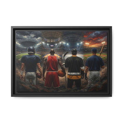 Black-framed sports canvas print of four back-view players standing on a field at dusk.
