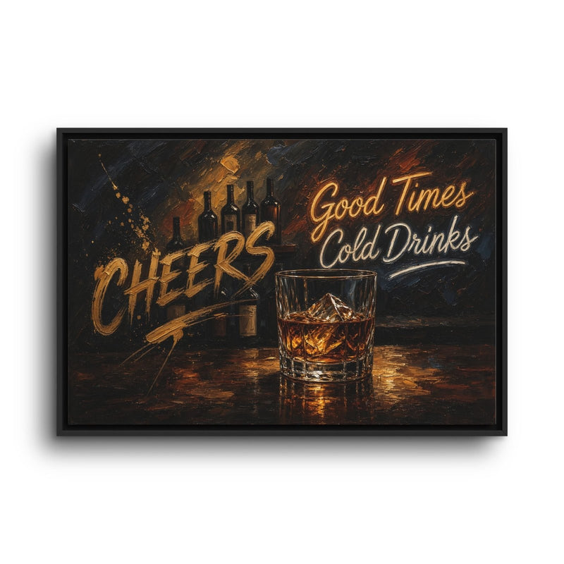 Straight-on view of black-framed whiskey bar canvas with a whiskey glass and Cheers lettering
