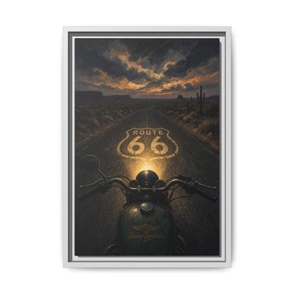 Framed Route 66 motorcycle canvas print, glowing 66 road marker with sunset clouds and bike bars
