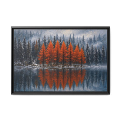 Framed canvas wall art showing orange autumn trees reflected in a calm lake, black frame