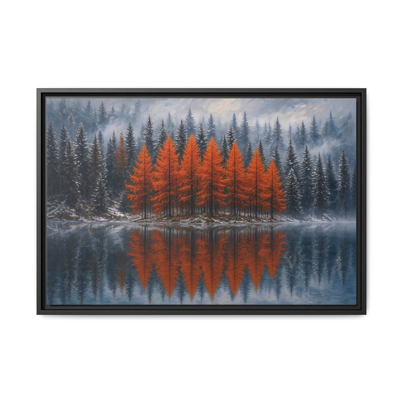 Framed canvas wall art showing orange autumn trees reflected in a calm lake, black frame