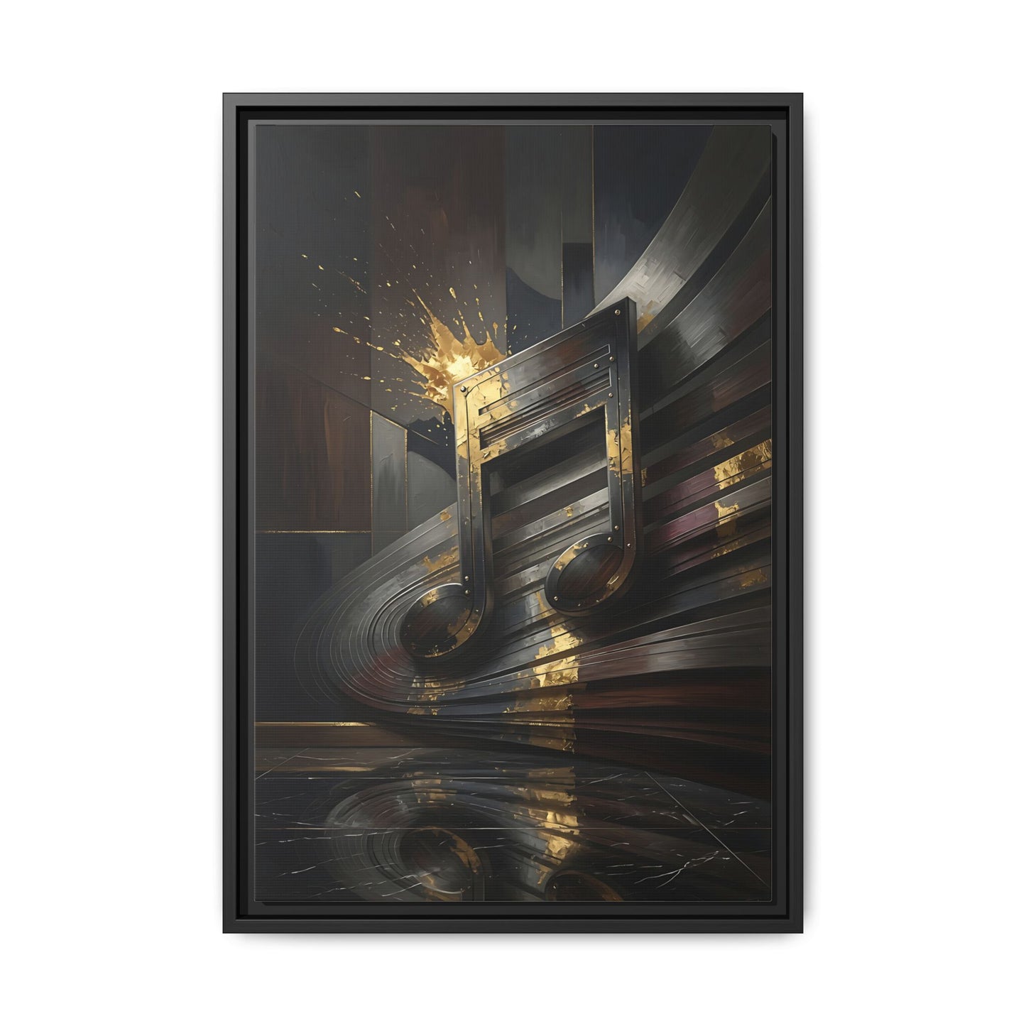 Framed black canvas wall art with abstract golden music note centerpiece and swirling waves