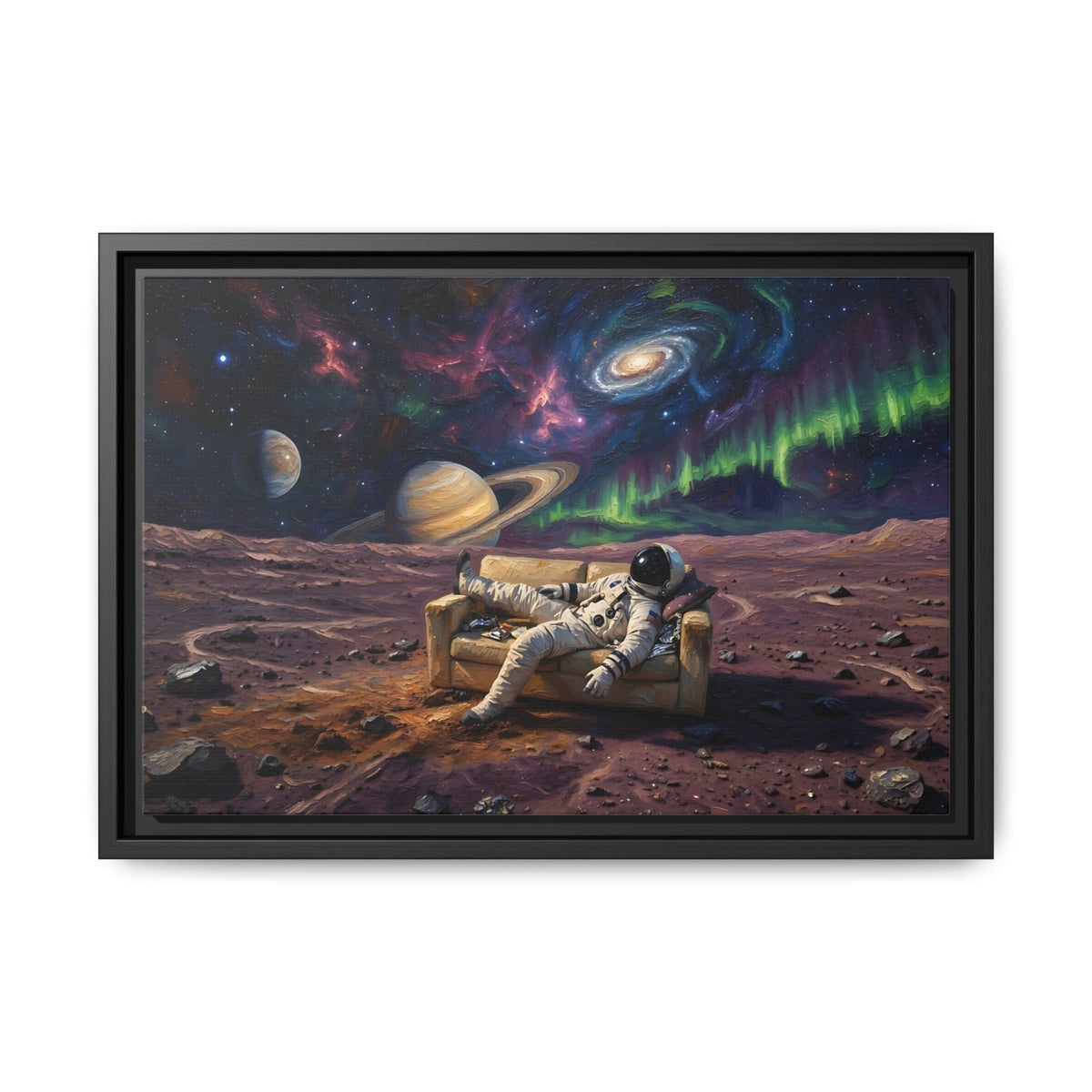 Black framed canvas showing astronaut on rover in alien landscape with bright planets