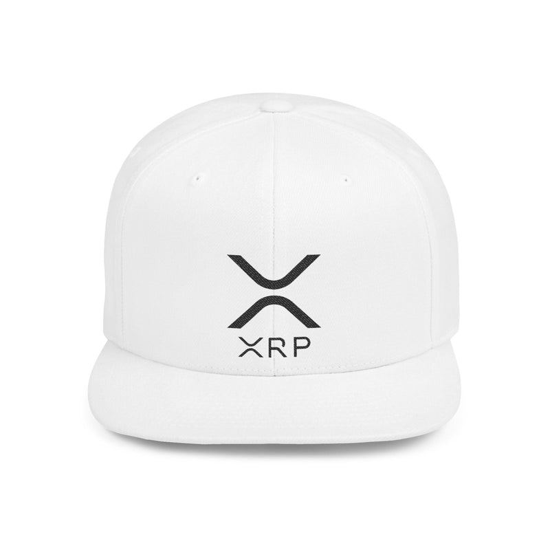 White flat bill snapback hat with black XRP logo on front panel