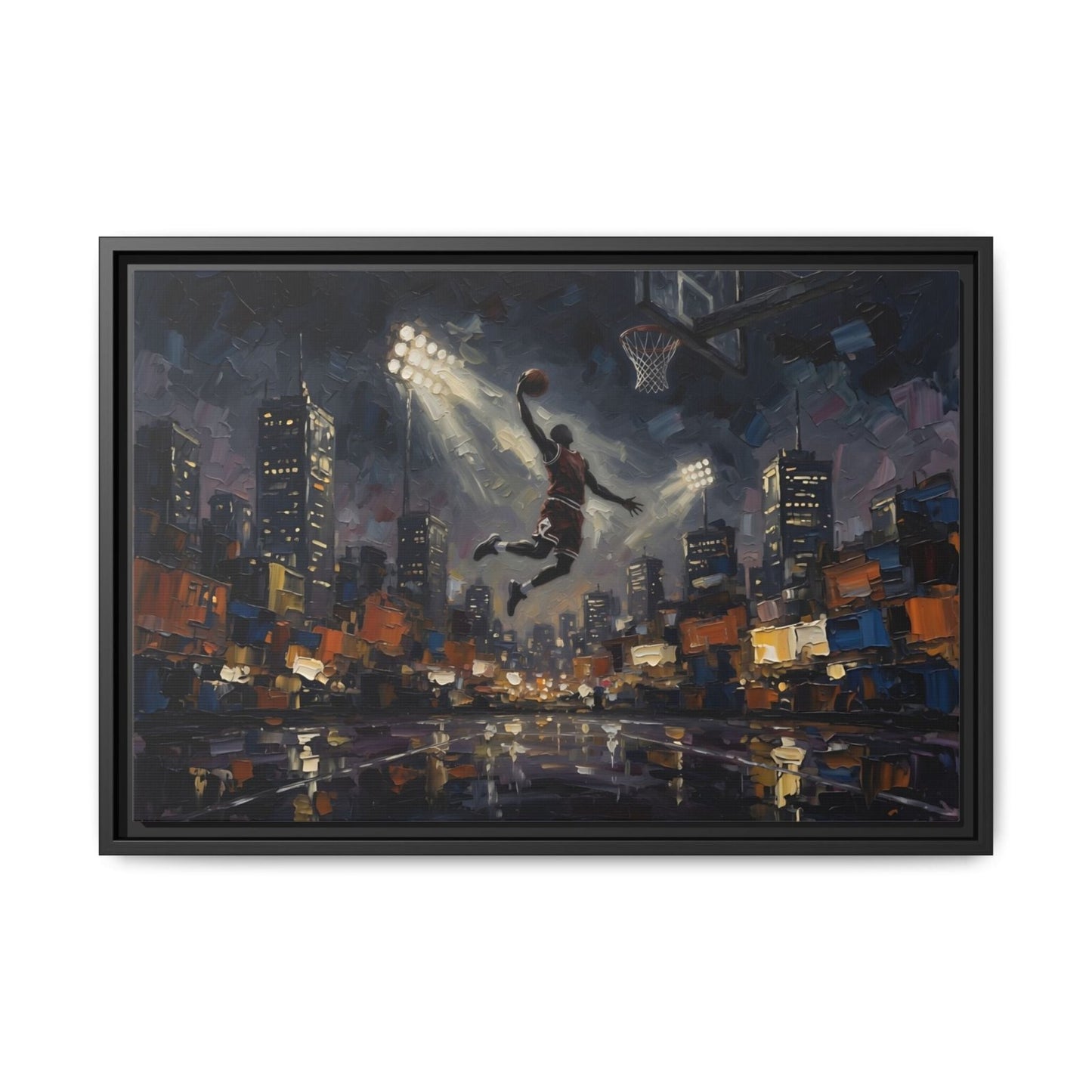 City Lights Dunk - Epic Night Basketball Player Framed Canvas Wall Art | Man Cave Decor