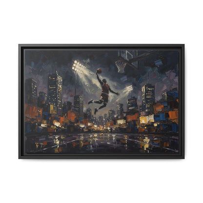 City Lights Dunk - Epic Night Basketball Player Framed Canvas Wall Art | Man Cave Decor