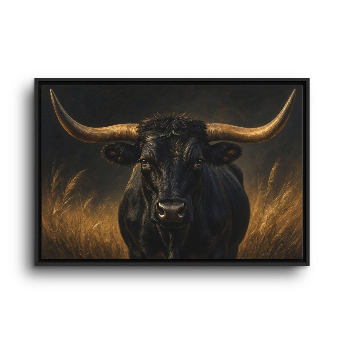 Black-framed longhorn artwork featuring a bull with wide, curved horns