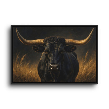 Black-framed longhorn artwork featuring a bull with wide, curved horns