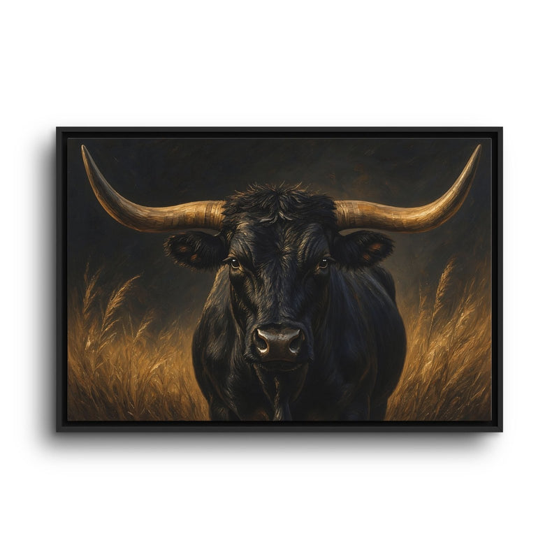 Black-framed longhorn artwork featuring a bull with wide, curved horns