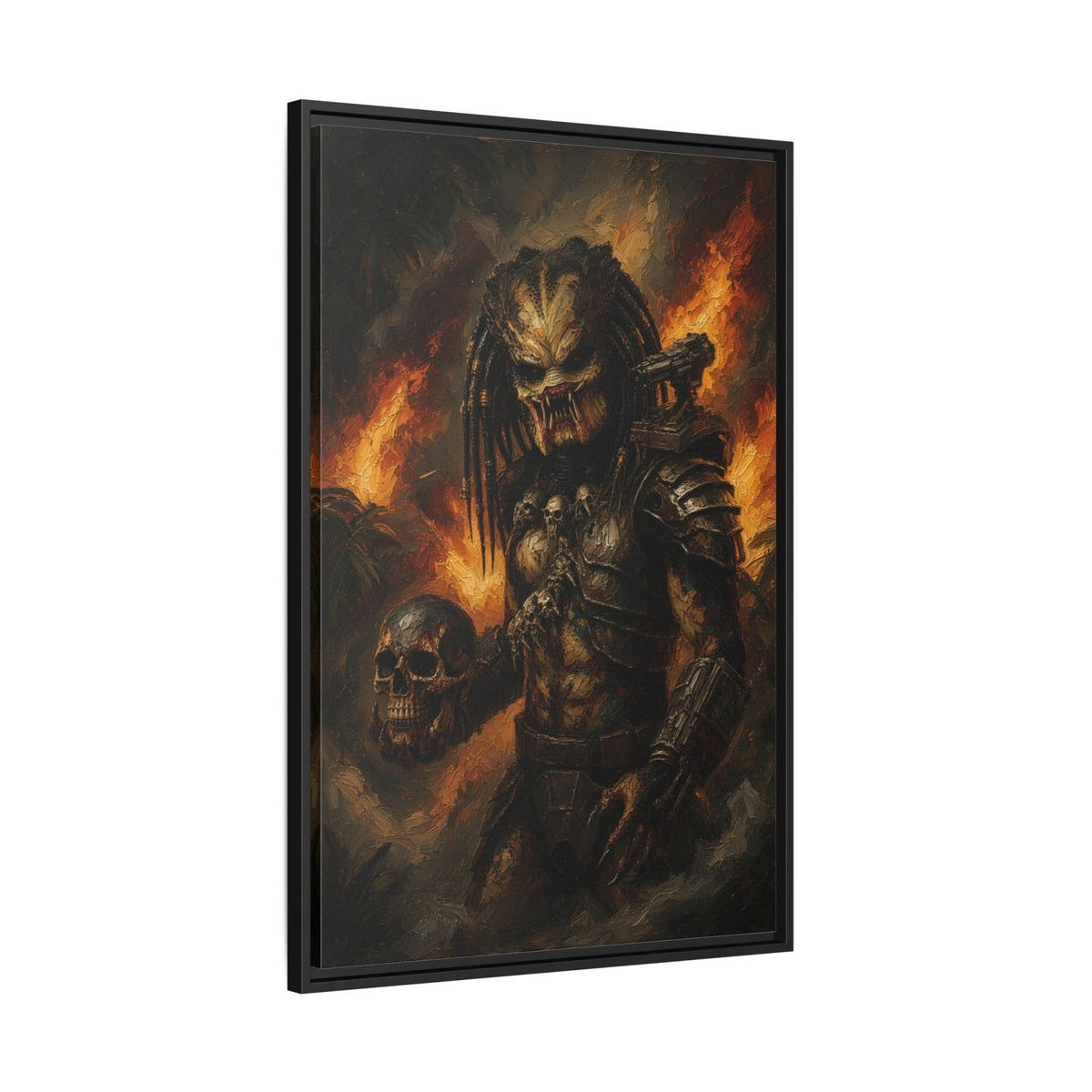 Black framed canvas print with predator warrior, skulls, and bright orange fire accents