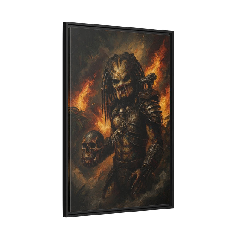 Black framed canvas print with predator warrior, skulls, and bright orange fire accents